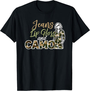 Jeans Lip Gloss and Camo Camouflage Graphic Jumpsuit T-Shirt - T-Shirt | Black