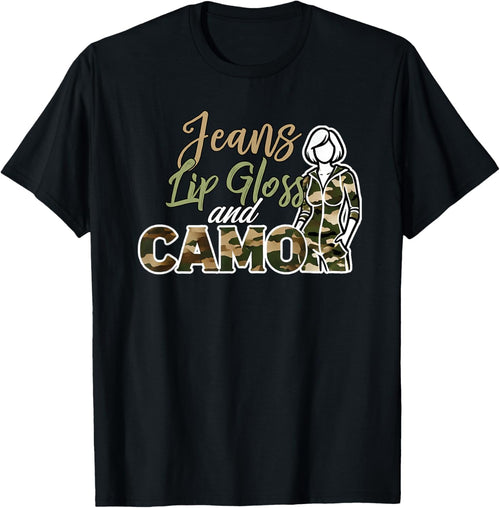 Jeans Lip Gloss and Camo Camouflage Graphic Jumpsuit