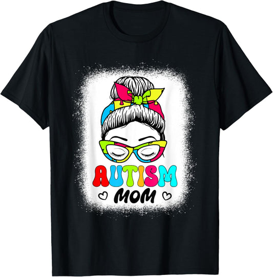 Autism Mom Shirt Women Groovy Messy Bun Autism Awareness T-Shirt - T-Shirt | Black
