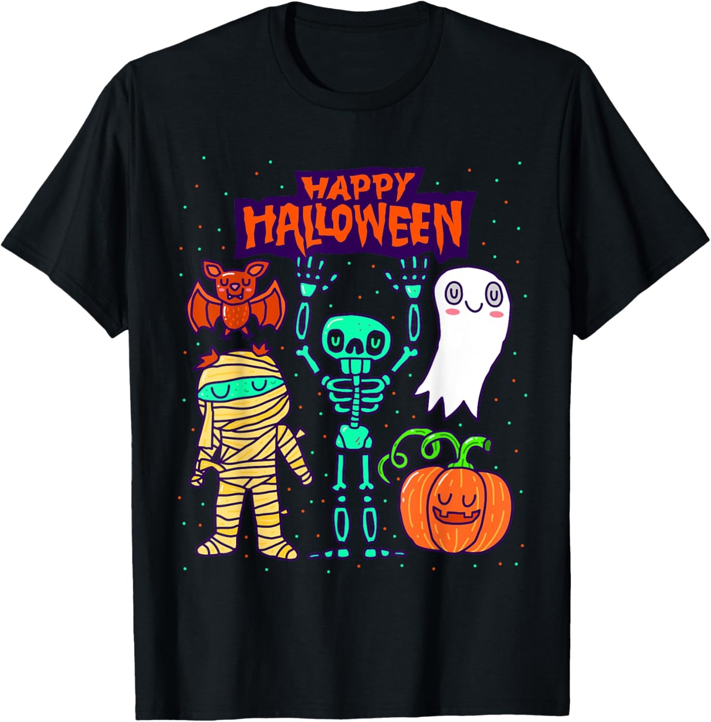 Happy Halloween Skeleton Pumpkin Ghost Cute Kids Boys Girls T-Shirt - T-Shirt | Black