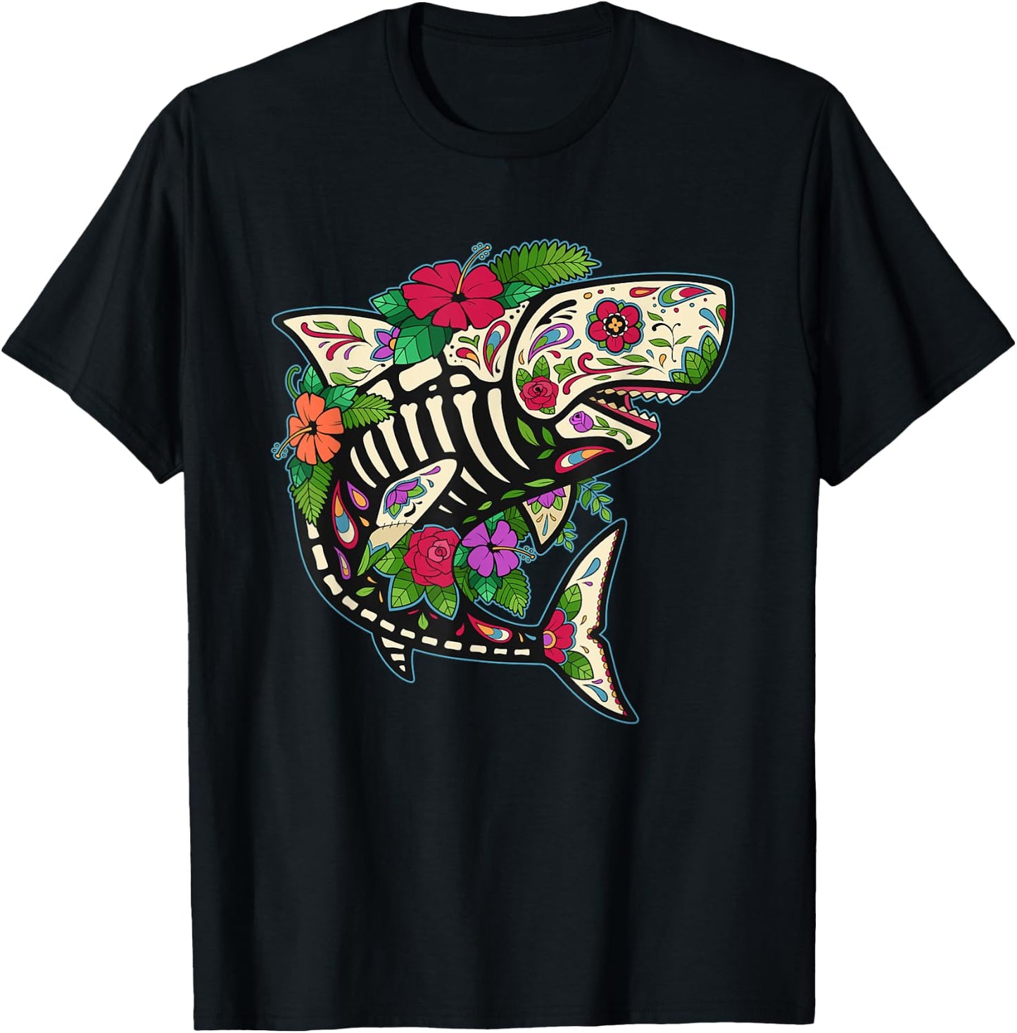Calavera Mexico Day of the Dead Shark Sugar Skull T-Shirt - T-Shirt | Black