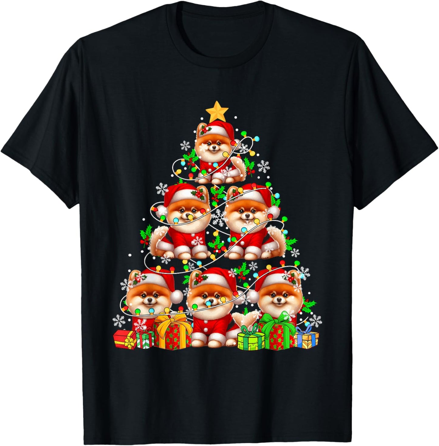 Group Santa Pomeranians As Xmas Tree Colorful Lights Owner T-Shirt - T-Shirt | Black