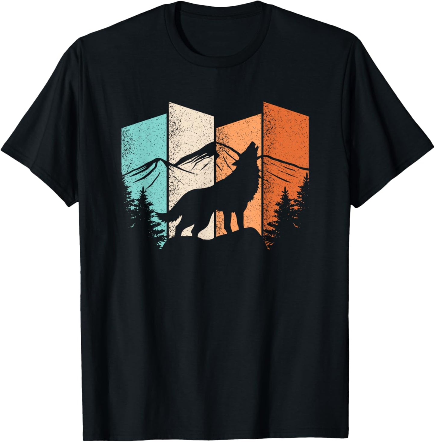 Retro Wolf Landscape Mountain Trees Wolf Lover Men Women T-Shirt - T-Shirt | Black