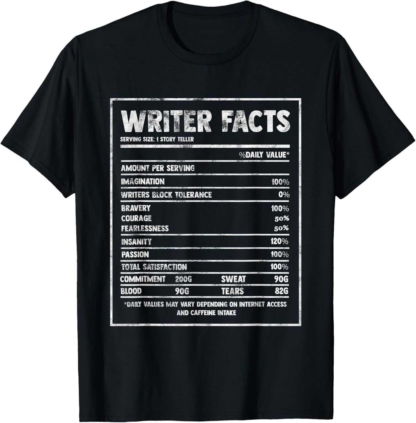 Writer Nutrition Facts Famous Novel Author Graphic Fun Gift T-Shirt - T-Shirt | Black