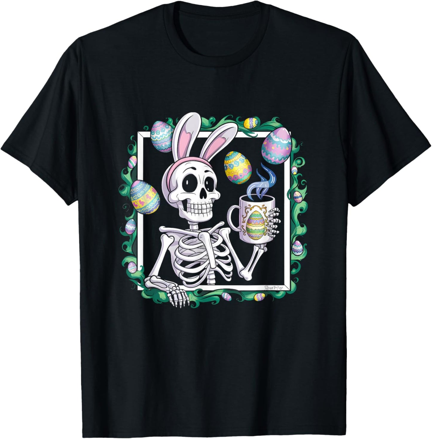 Happy Easter Skeleton Wearing Bunny Ear Drink Coffee Eggs T-Shirt - T-Shirt | Black