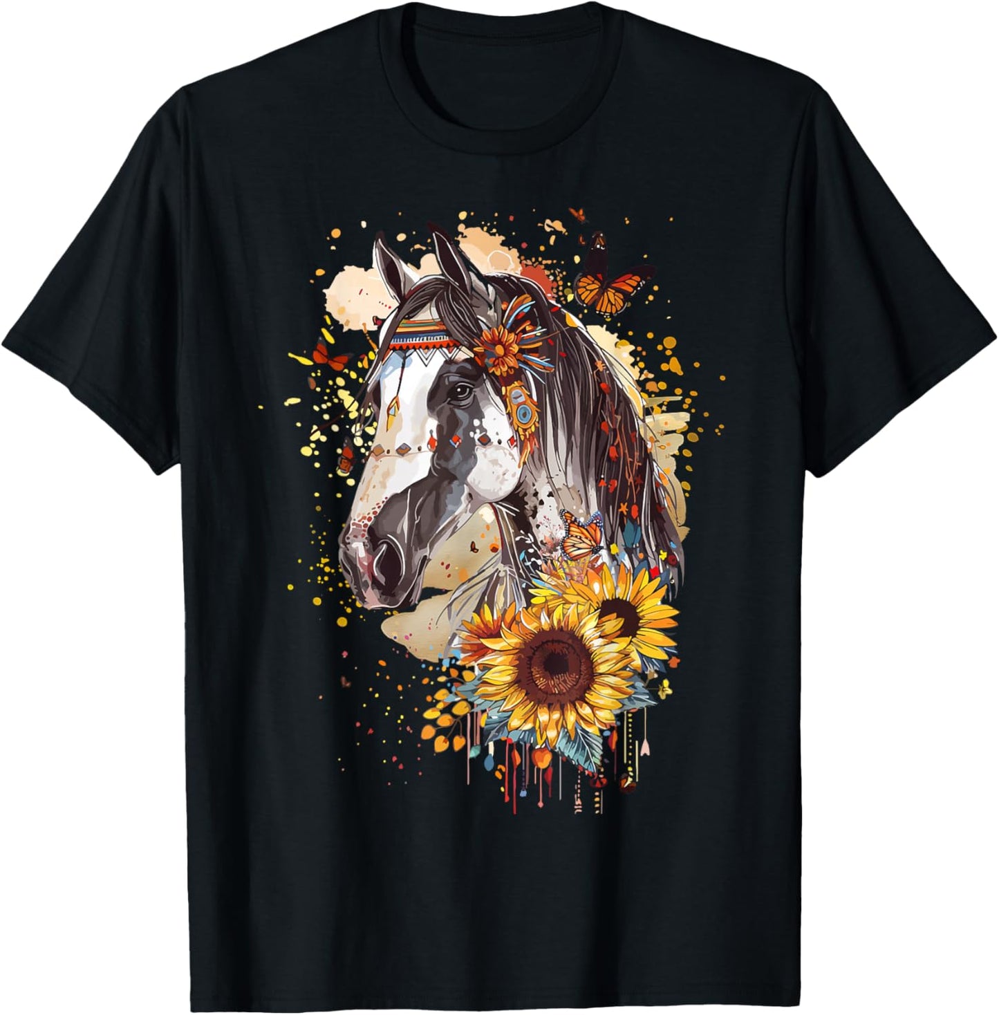 American Paint Horse Lover CowGirl Sunflower Horse Portrait T-Shirt - T-Shirt | Black