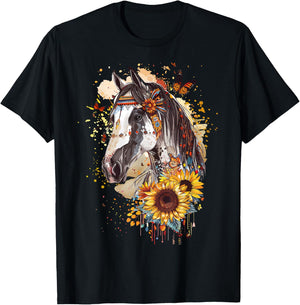American Paint Horse Lover CowGirl Sunflower Horse Portrait T-Shirt - T-Shirt | Black