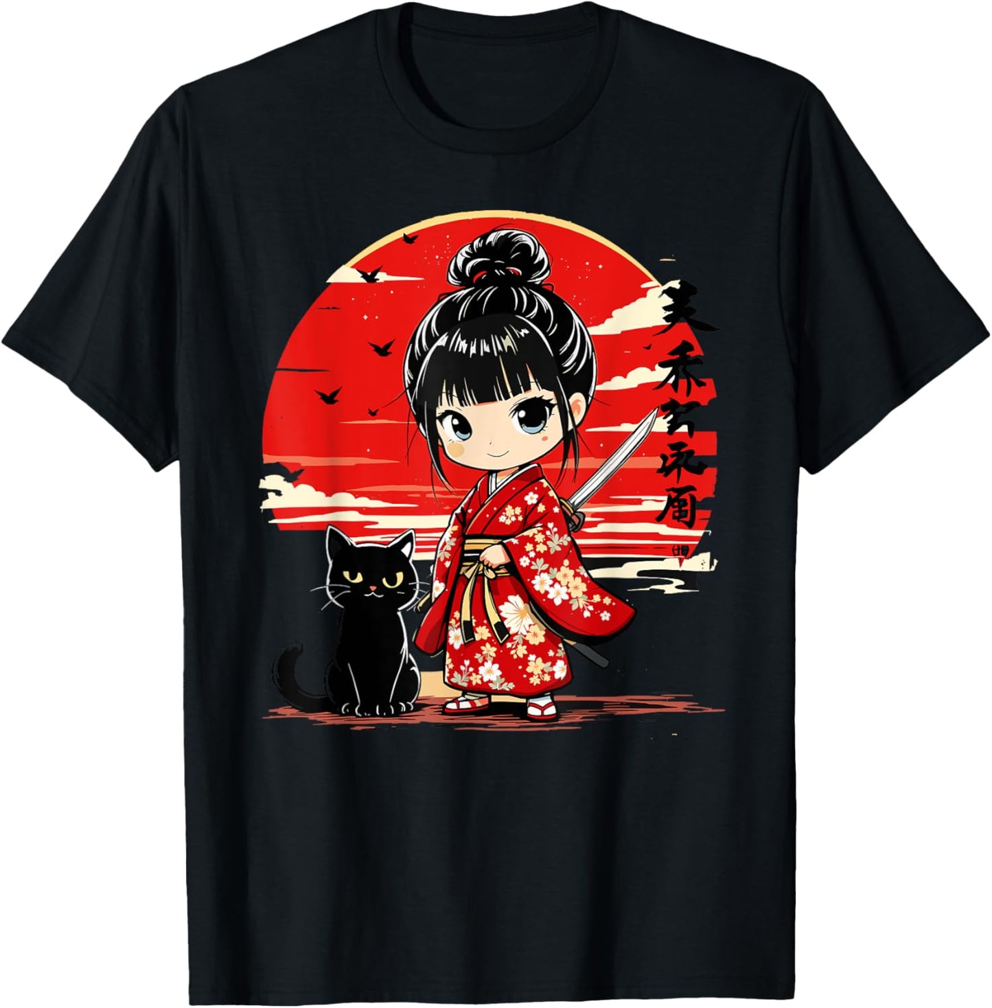 Cute Kawaii Samurai Girl and Cat Japanese Anime Kids Girls T-Shirt - T-Shirt | Black
