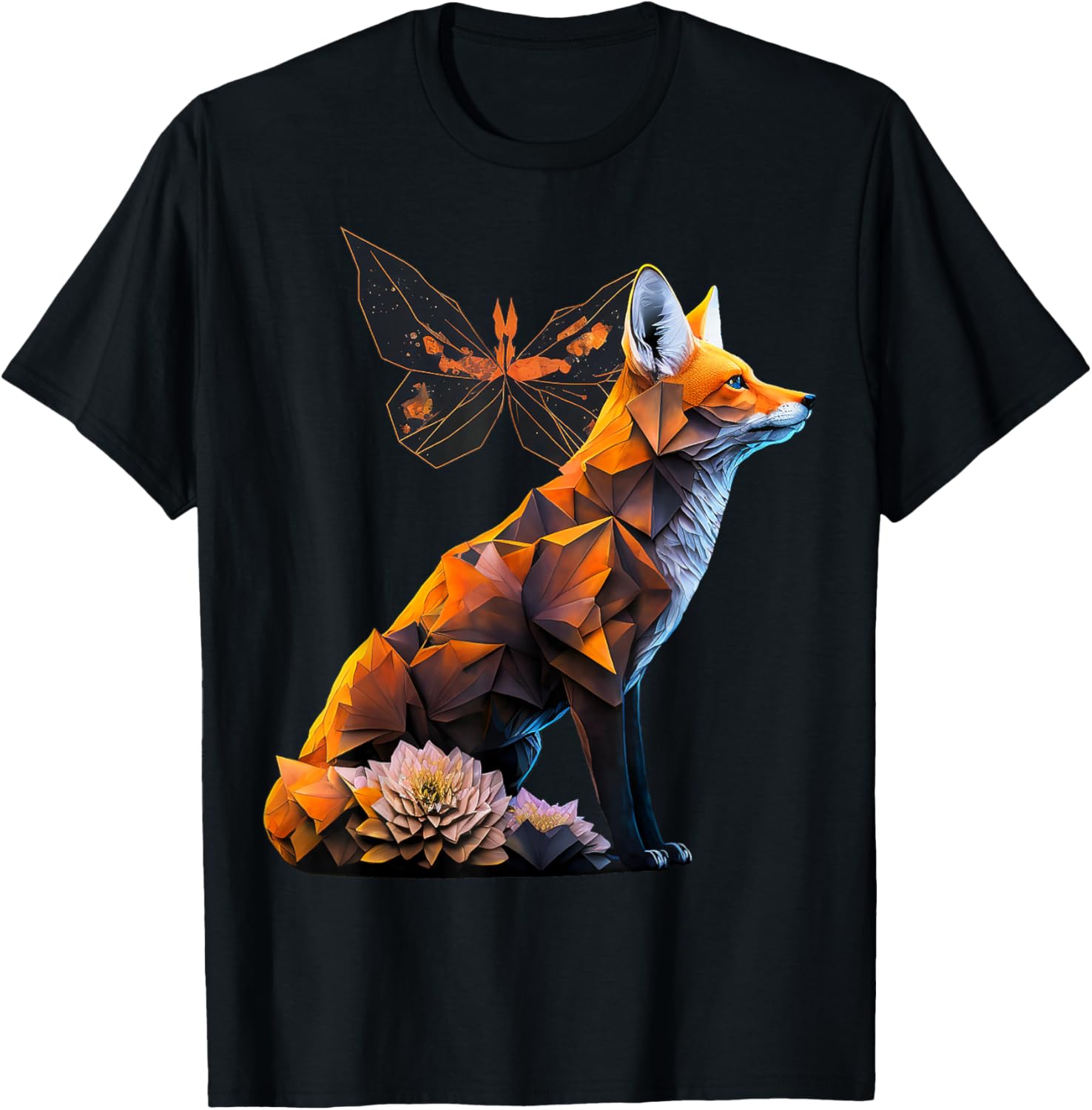 Fox Butterfly Motif Art Animal Fox T-Shirt - T-Shirt | Black