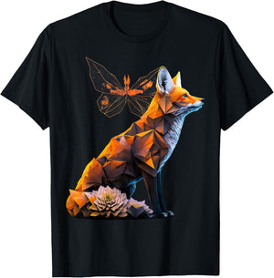 Fox Butterfly Motif Art Animal Fox T-Shirt - T-Shirt | Black