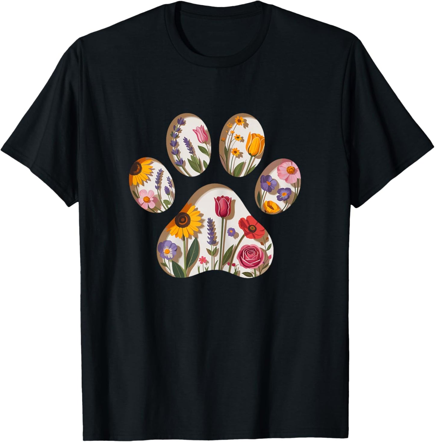 Graphic Flowers Dog Paw Women's T-Shirt - T-Shirt | Black