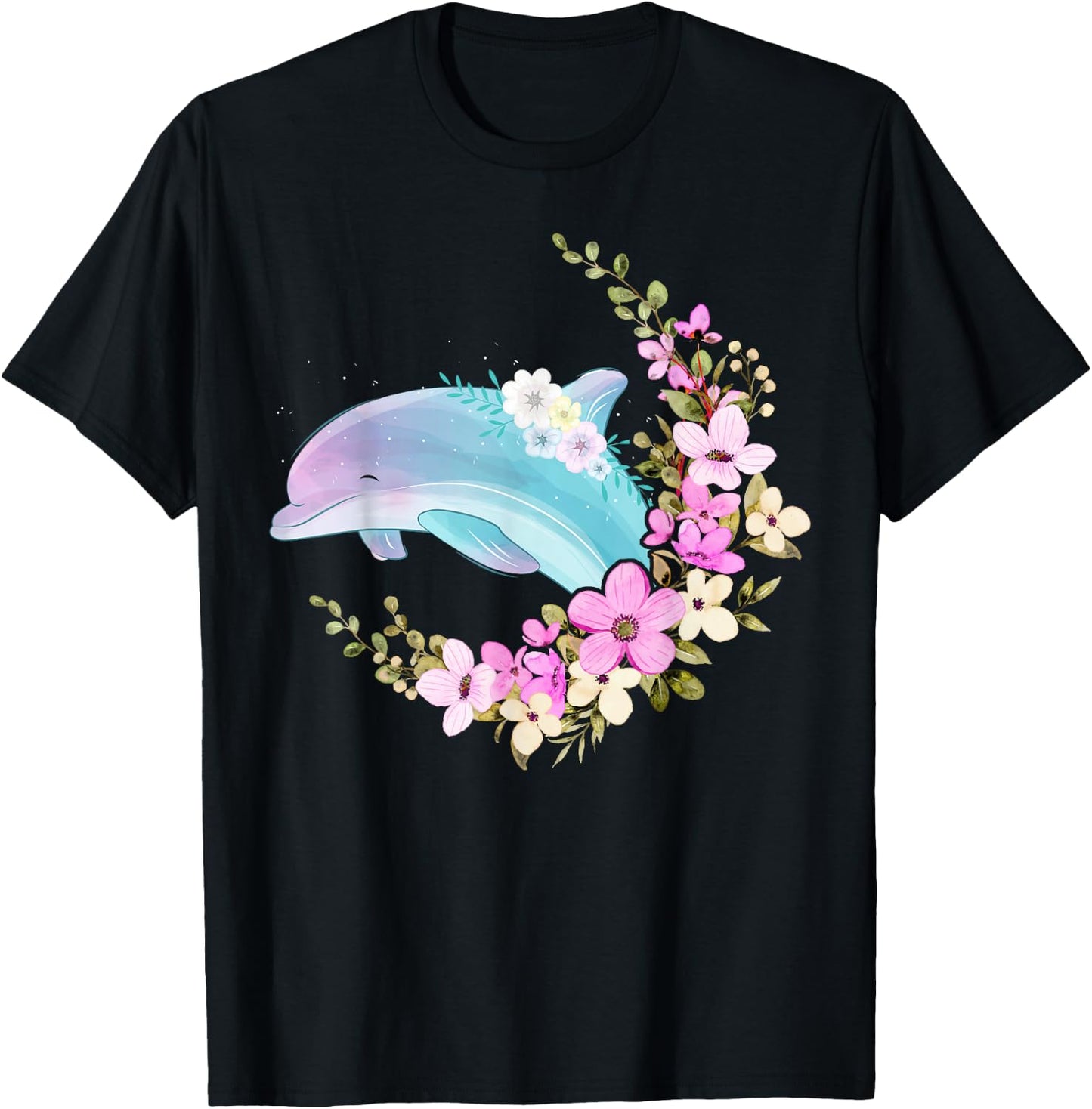 Dolphin Flower Floral T-Shirt - T-Shirt | Black