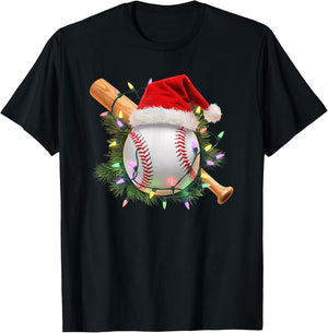 Christmas Baseball Santa Hat Holiday Lights Sports Fans T-Shirt - T-Shirt | Black