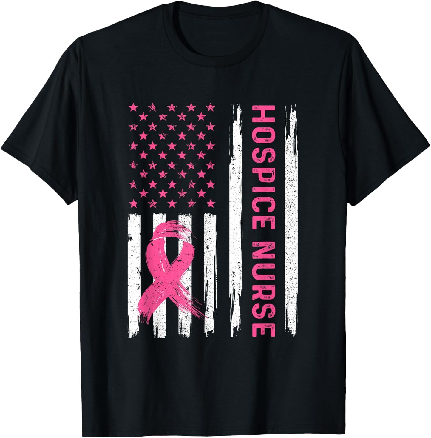 Hospice Nurse American Flag Nurse Breast Cancer Awareness T-Shirt - T-Shirt | Black