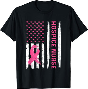 Hospice Nurse American Flag Nurse Breast Cancer Awareness T-Shirt - T-Shirt | Black