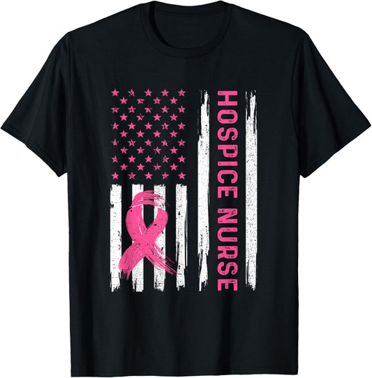 Hospice Nurse American Flag Nurse Breast Cancer Awareness T-Shirt - T-Shirt | Black