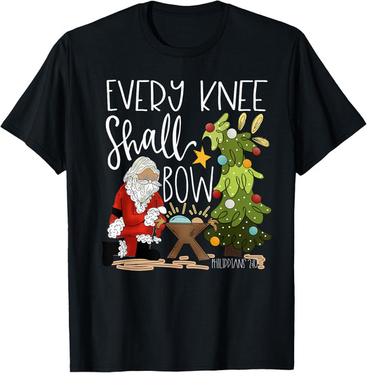 Retro Every Knee Shall Bow Santa Clause Religious Christmas T-Shirt - T-Shirt | Black