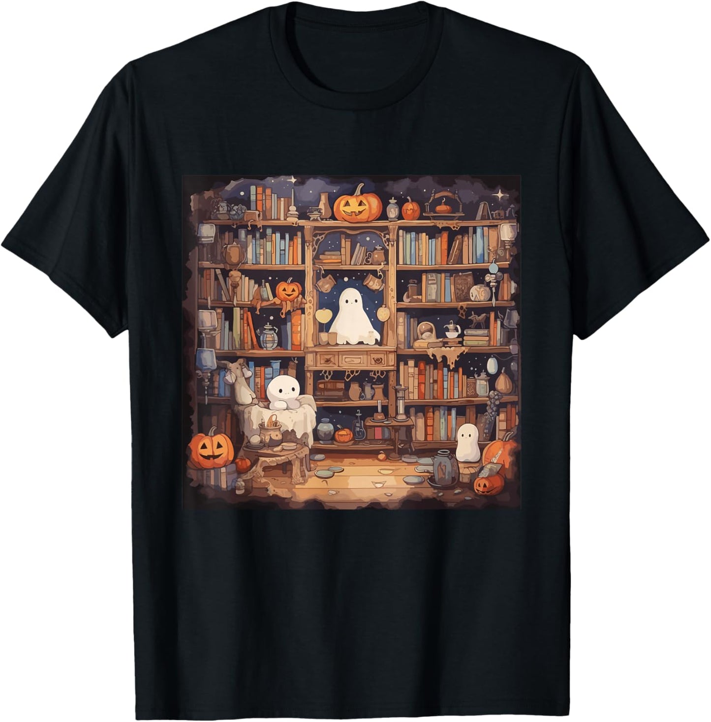 Cute Ghost Reading Books Halloween T-Shirt - T-Shirt | Black