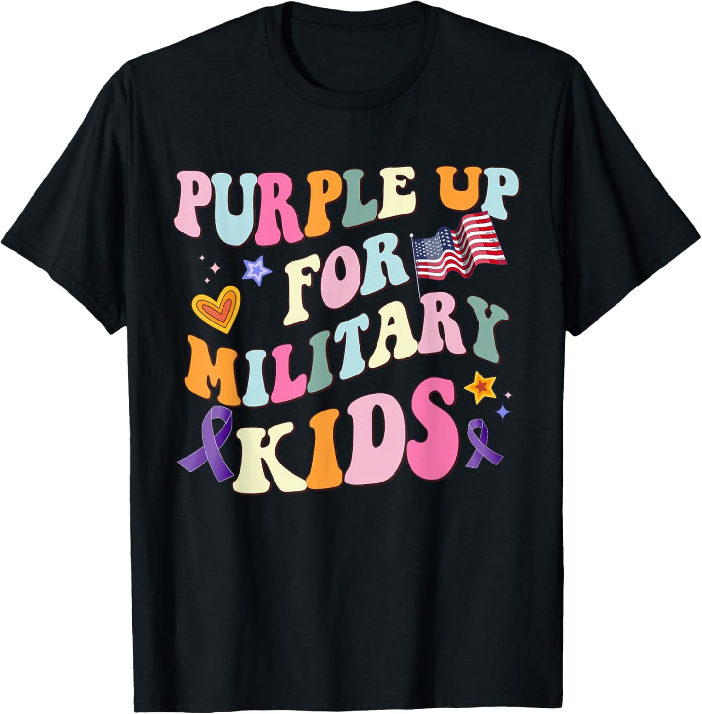 Groovy Military Child Month Purple Up For Military Kids T-Shirt - T-Shirt | Black