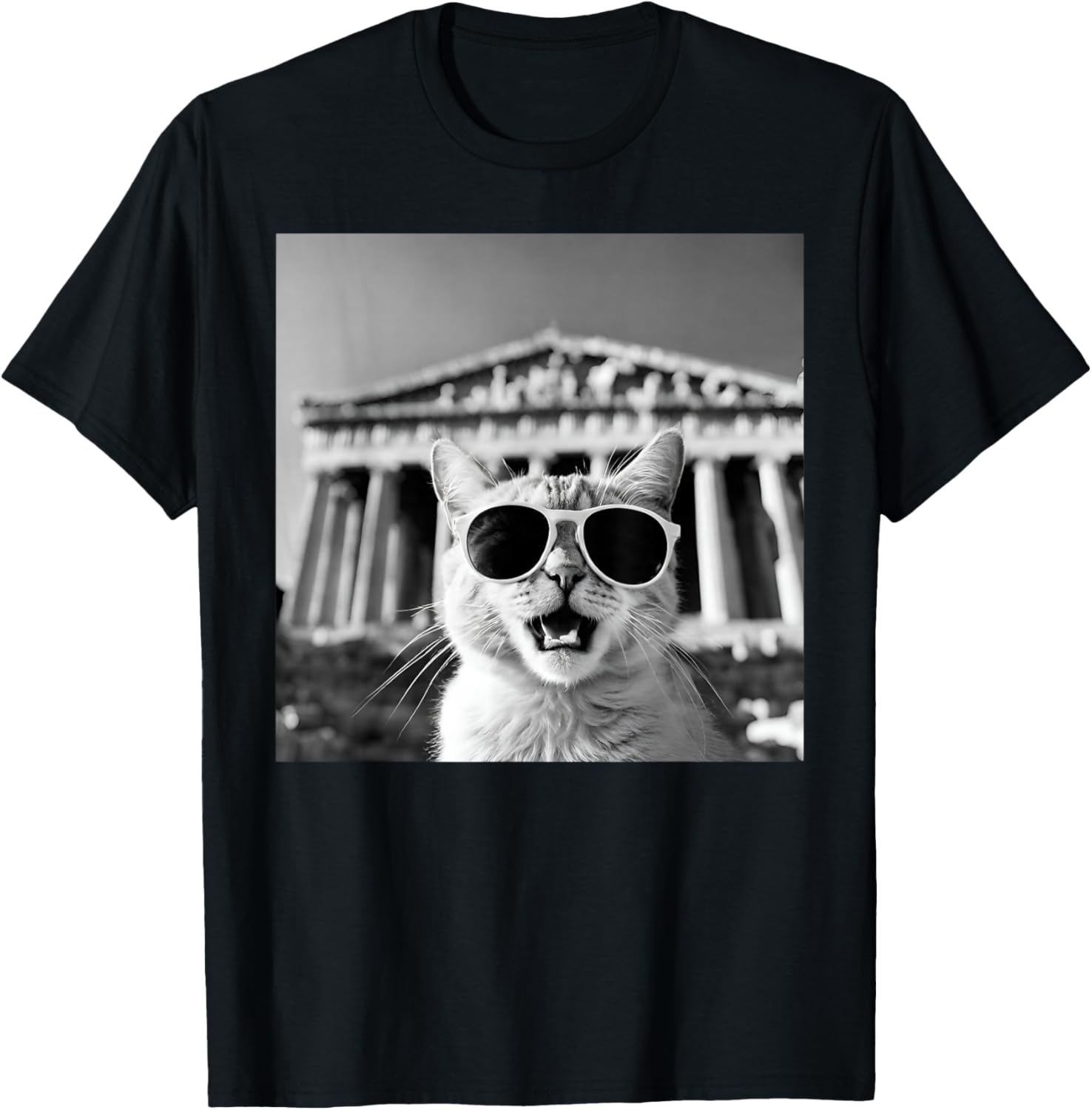 Funny Cat Wearing Sunglasses In Greece, Athens at Parthenon T-Shirt - T-Shirt | Black