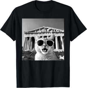 Funny Cat Wearing Sunglasses In Greece, Athens at Parthenon T-Shirt - T-Shirt | Black
