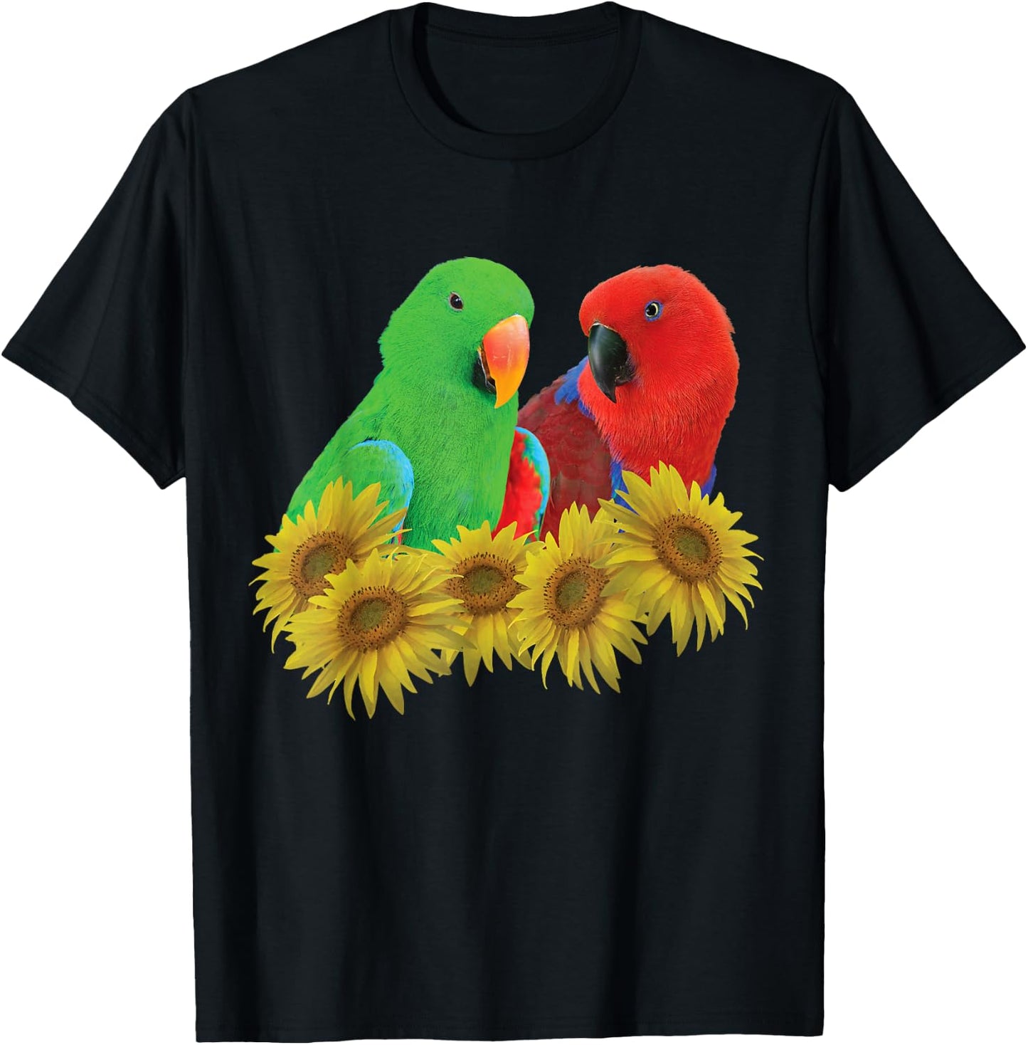 Pair of Eclectus Parrots, Male, and Female, Sunflower T-Shirt - T-Shirt | Black