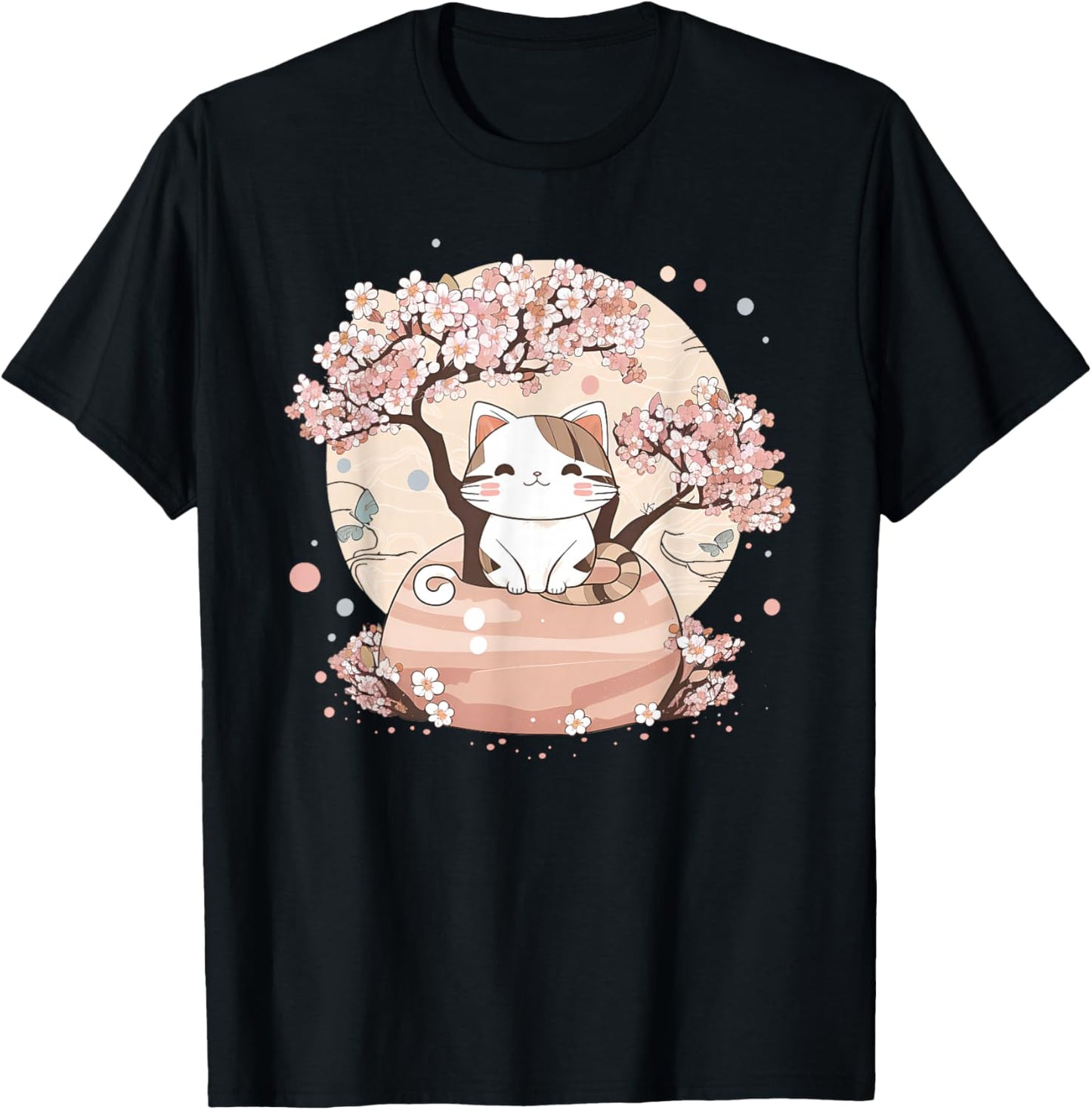 Cherry Blossom Tree Cat Japanese Aesthetic Vaporwave Anime T-Shirt - T-Shirt | Black