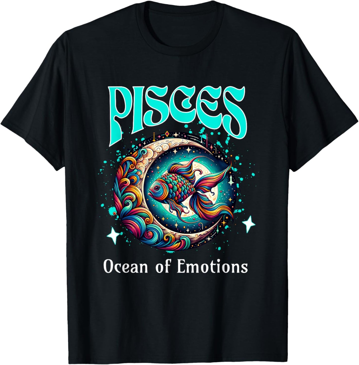 Pisces Ocean of Emotions Moon and Fish Cosmic Zodiac Design T-Shirt - T-Shirt | Black