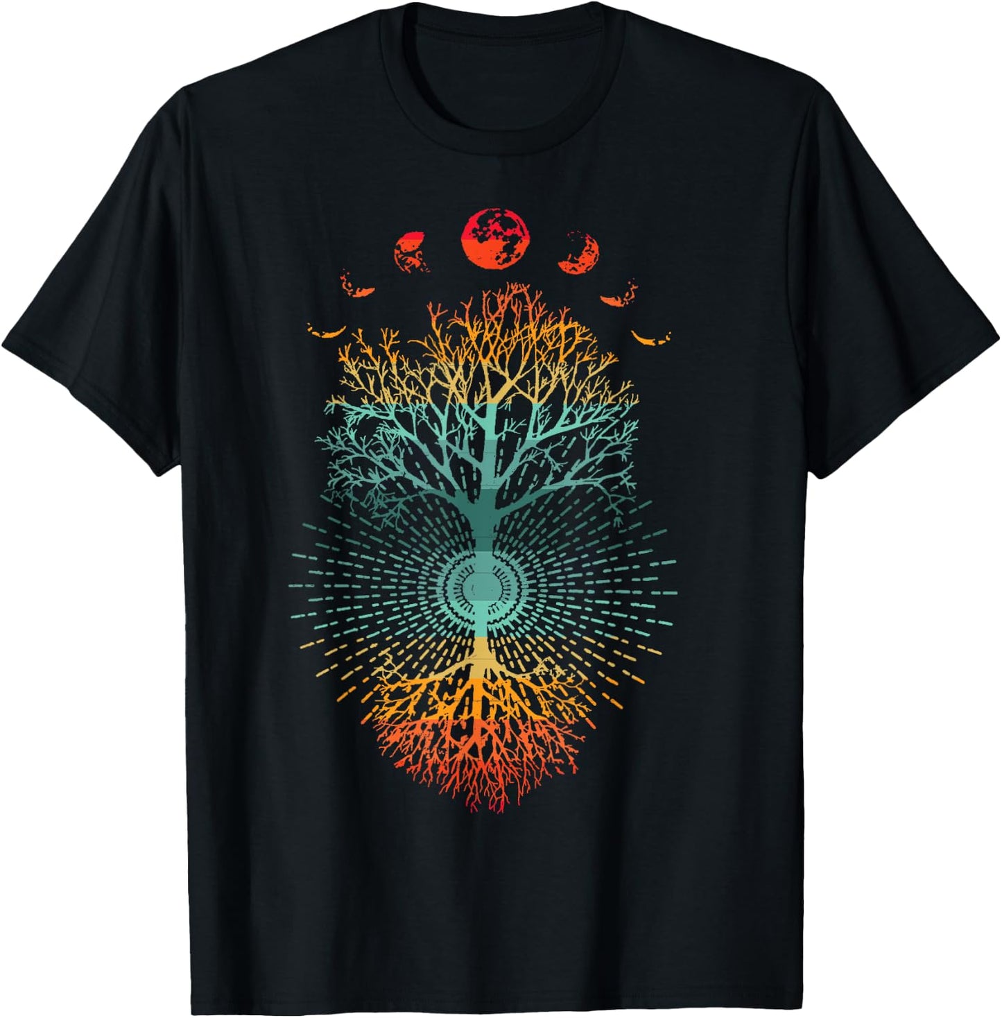 Phases of the Moon Retro 60's 70's Vibe Tree of Life Graphic T-Shirt - T-Shirt | Black