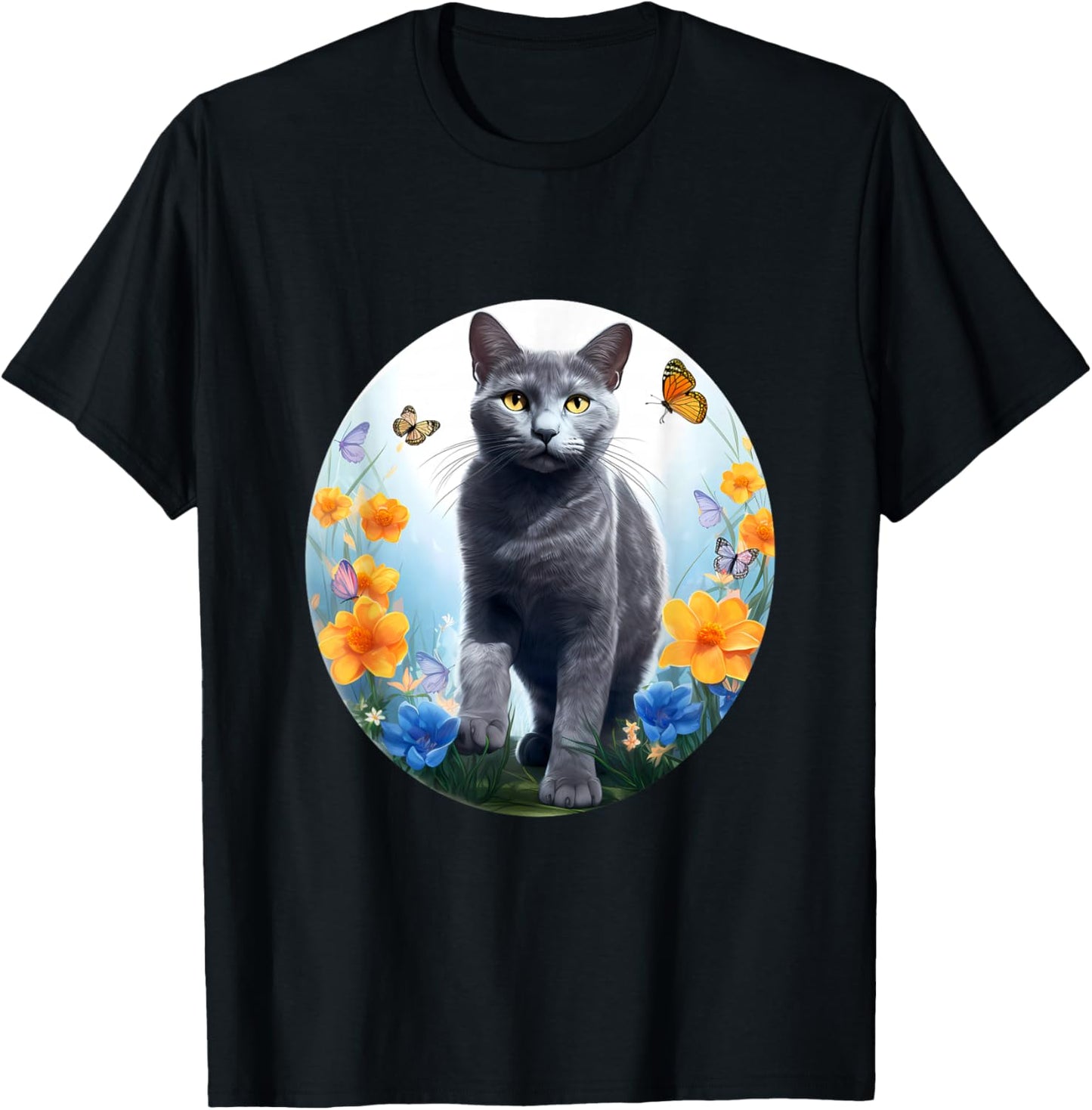 Russian Blue Cat Cat Flower T-Shirt - T-Shirt | Black