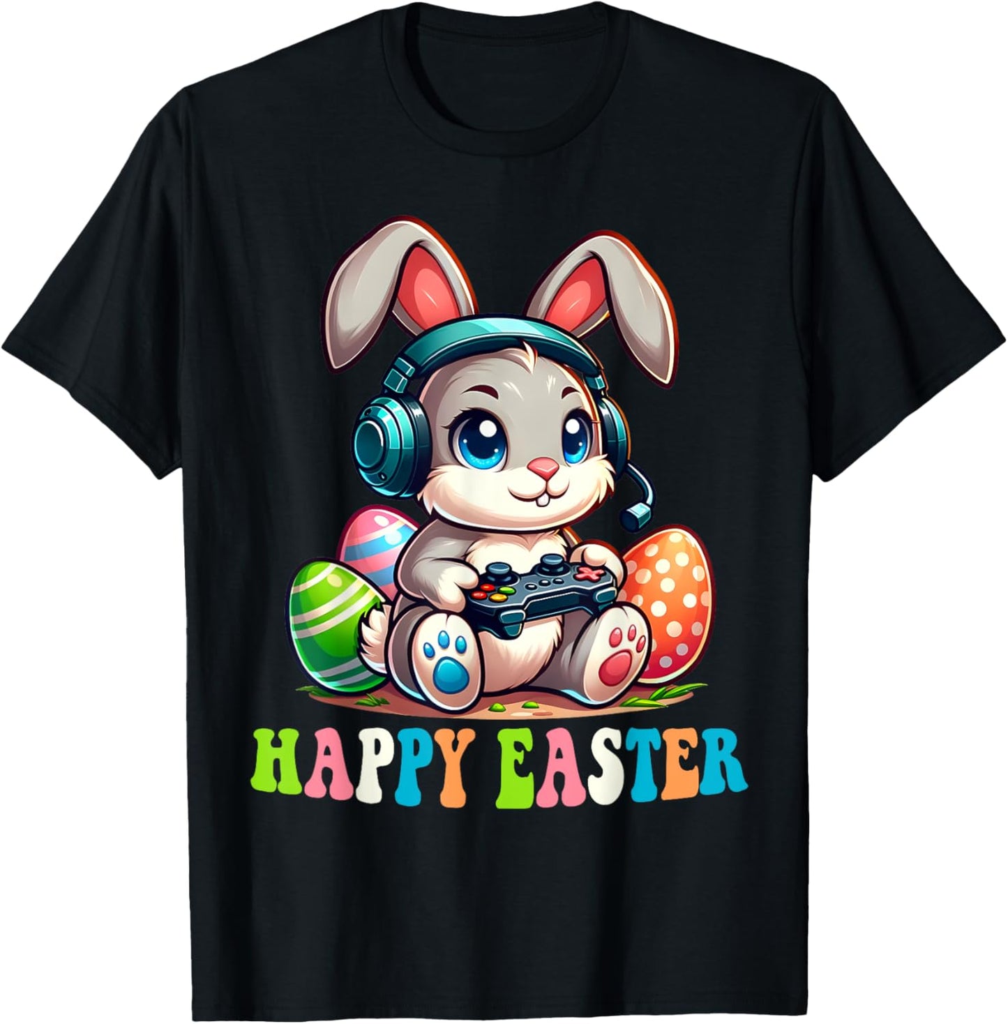 Happy Easter Day Bunny Egg Funny Boys Girls Kids Gamer T-Shirt - T-Shirt | Black
