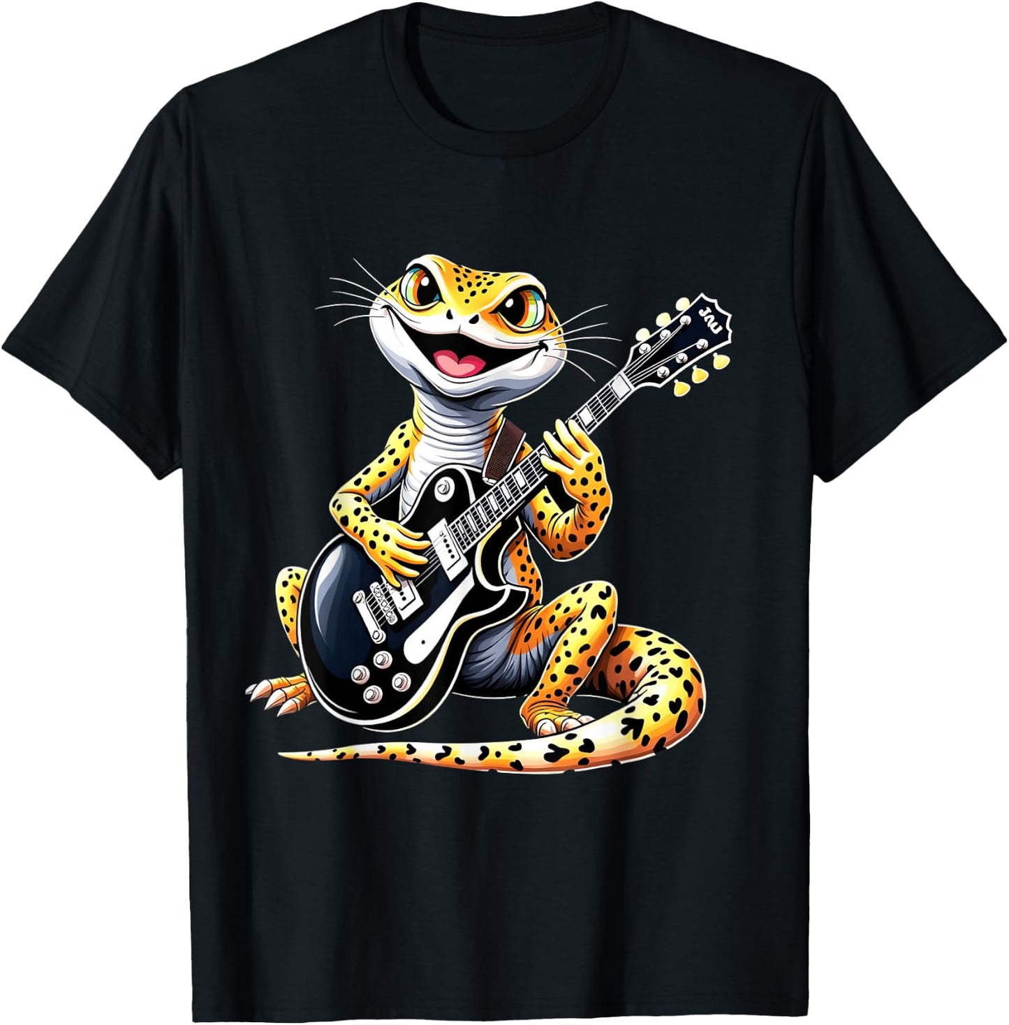 Funny Leopard Gecko Playing Electric Guitar Music Lovers T-Shirt - T-Shirt | Black