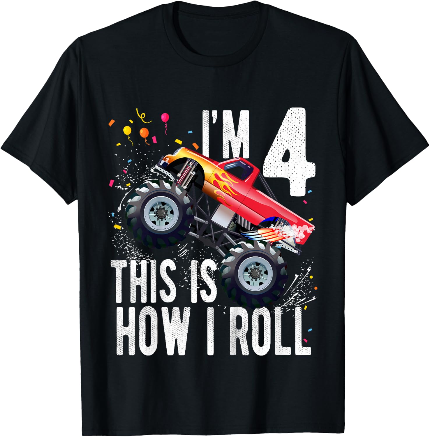 Kids 4 Year Old Shirt 4th Birthday Boy Monster Truck Car T-Shirt - T-Shirt | Black