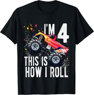 Kids 4 Year Old Shirt 4th Birthday Boy Monster Truck Car T-Shirt - T-Shirt | Black