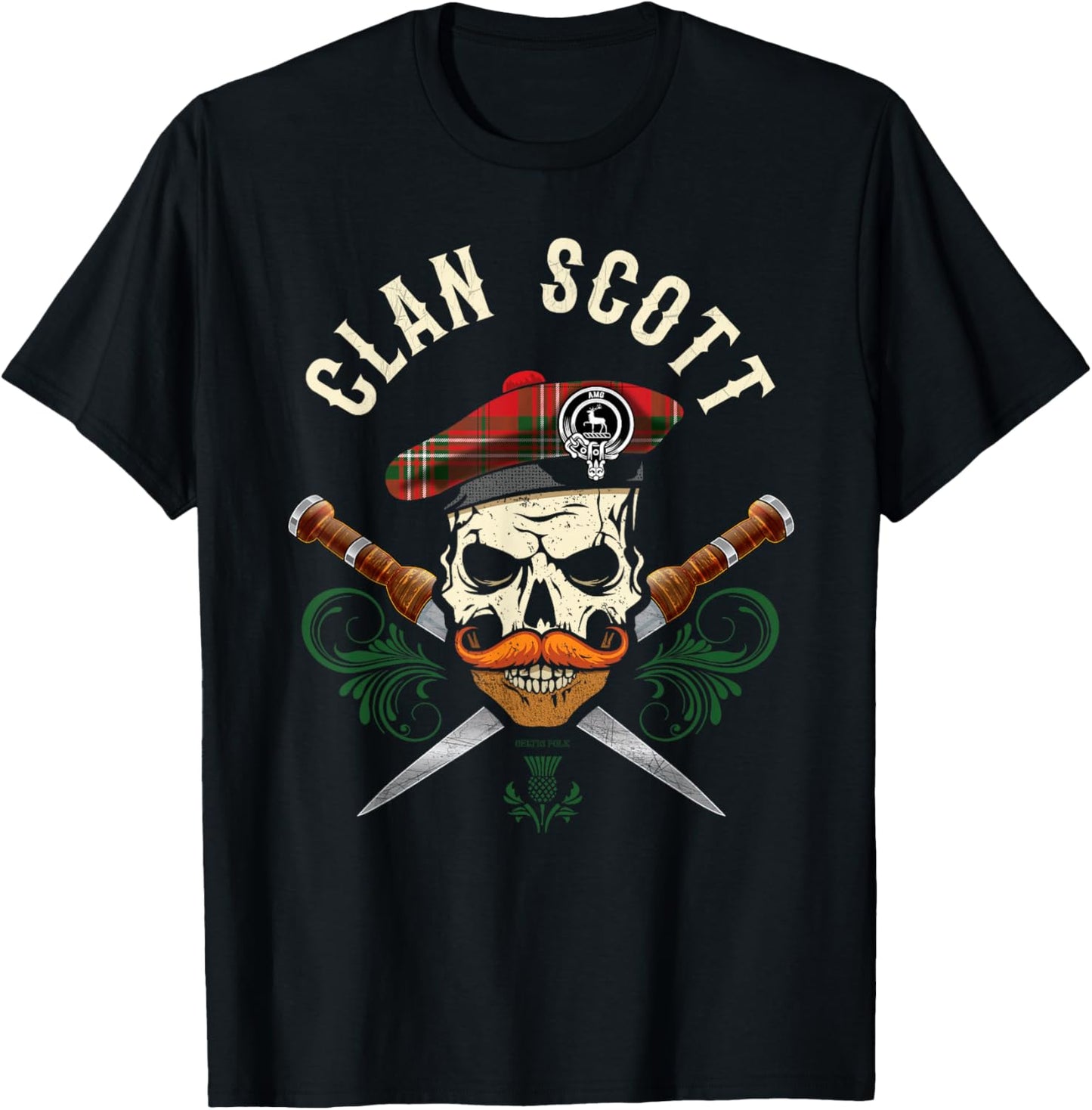 Scottish Clan Scott Surname Skull Dirks Tartan Badge T-Shirt - T-Shirt | Black