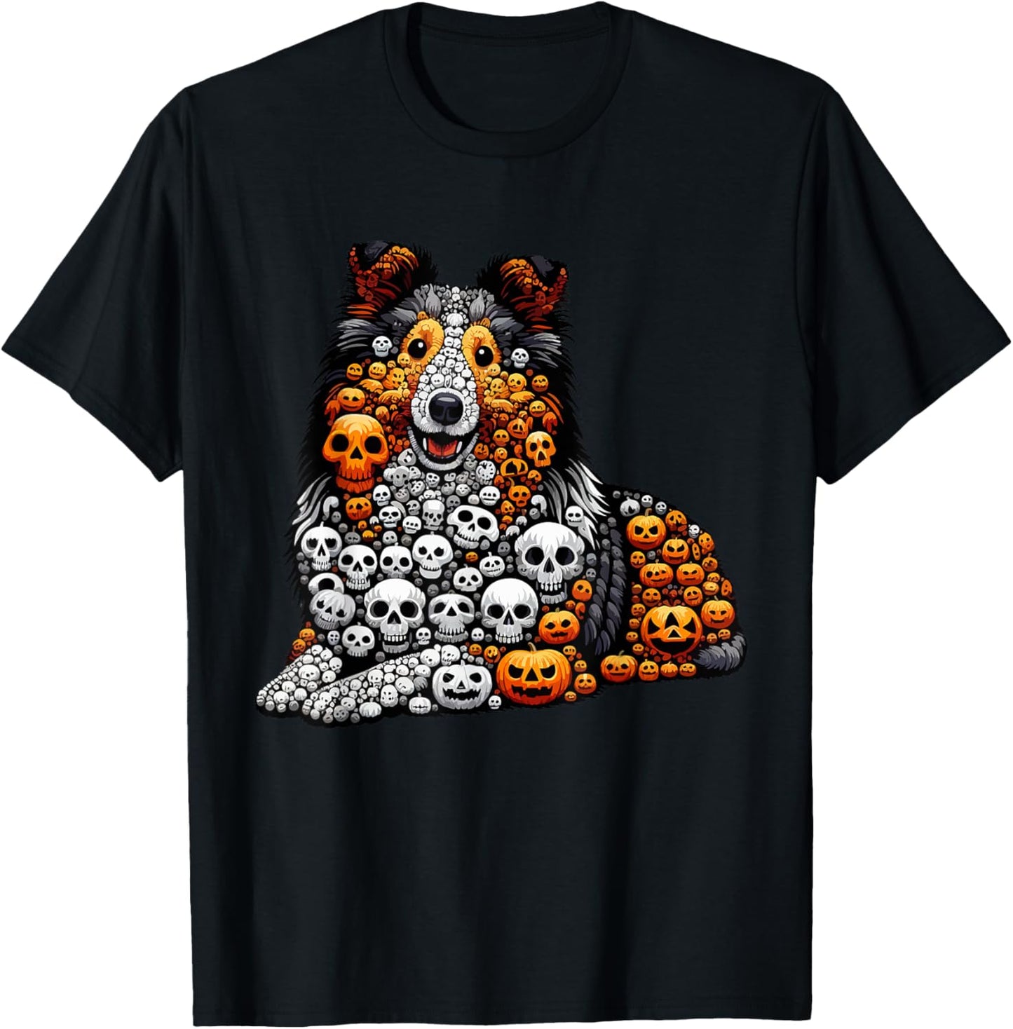 Skulls Carved Pumpkins Halloween Sheltie Cute Shape T-Shirt - T-Shirt | Black