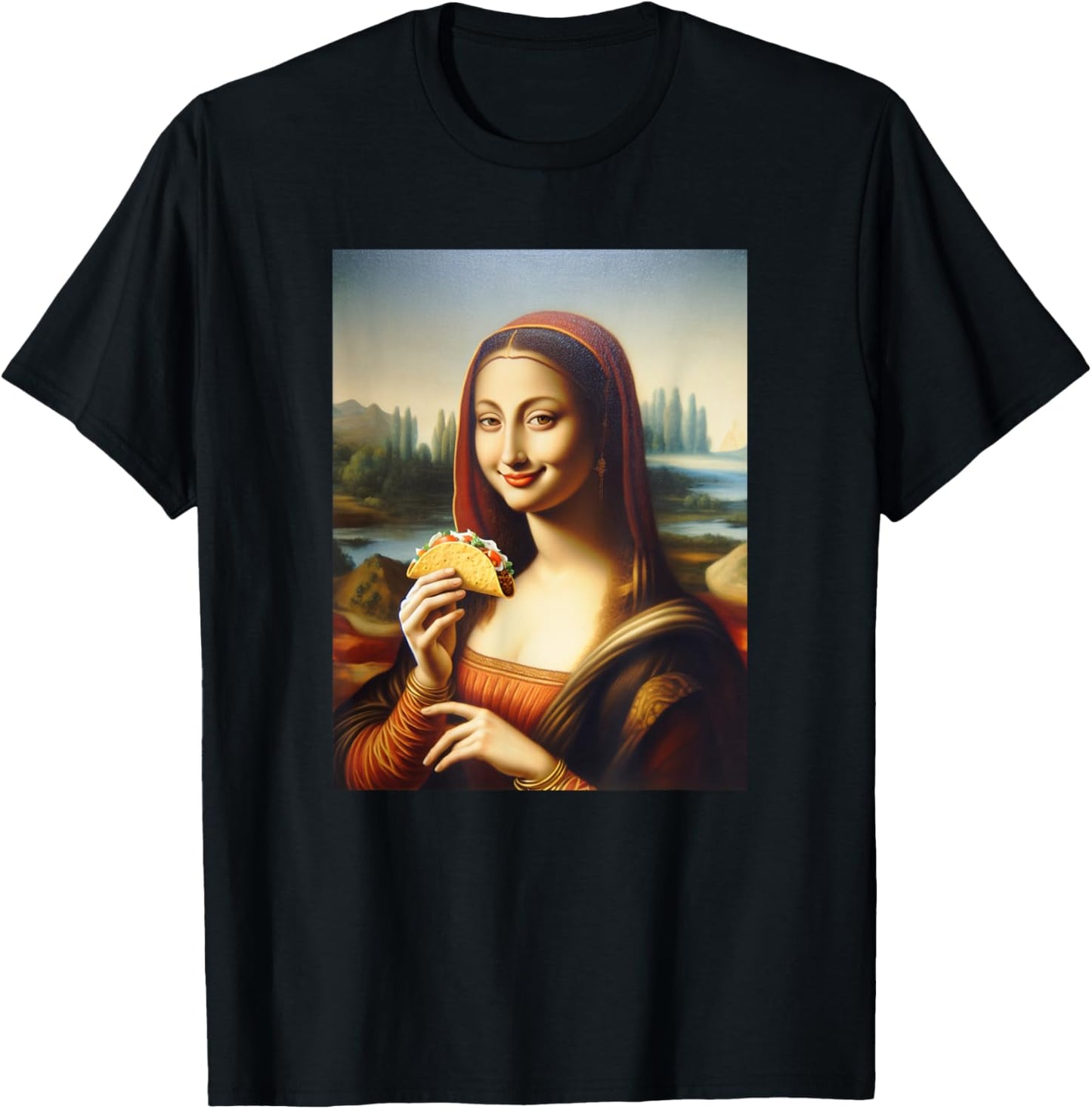 Happy Mona Lisa Holding A Taco Funny T-Shirt - T-Shirt | Black