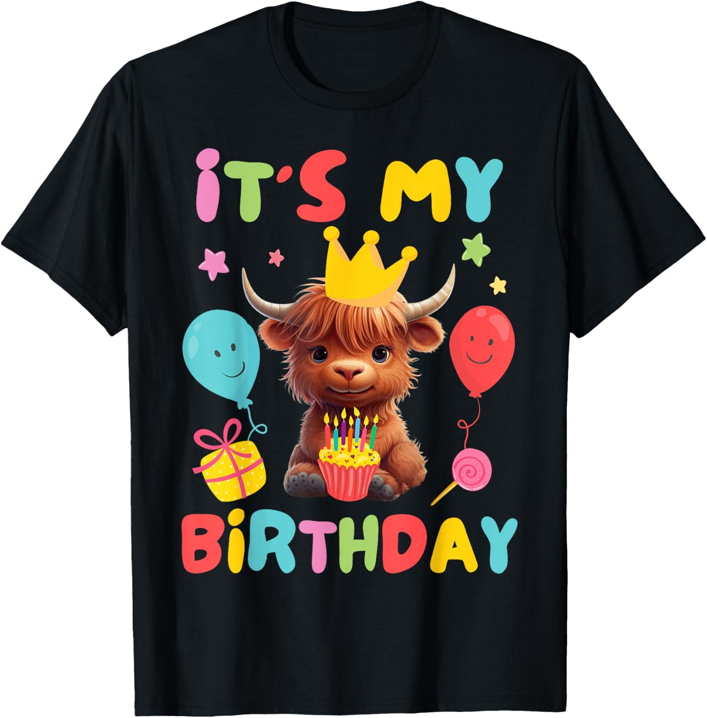 It's My Birthday Boy Girl Kid Cute Highland Cow Birthday T-Shirt - T-Shirt | Black