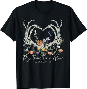 Retro Dry Bone Come To Life Funny Skeleton Hand Floral T-Shirt - T-Shirt | Black