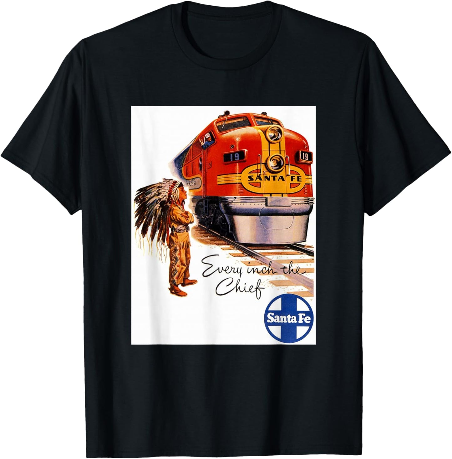 Retro Vintage Movie Posters Prints Ads Santa Fe Railway Native American Train Rails Travel - Men's X-Small Black Short Sleeve Classic Fit Pull On T-Shirt - T-Shirt | Black