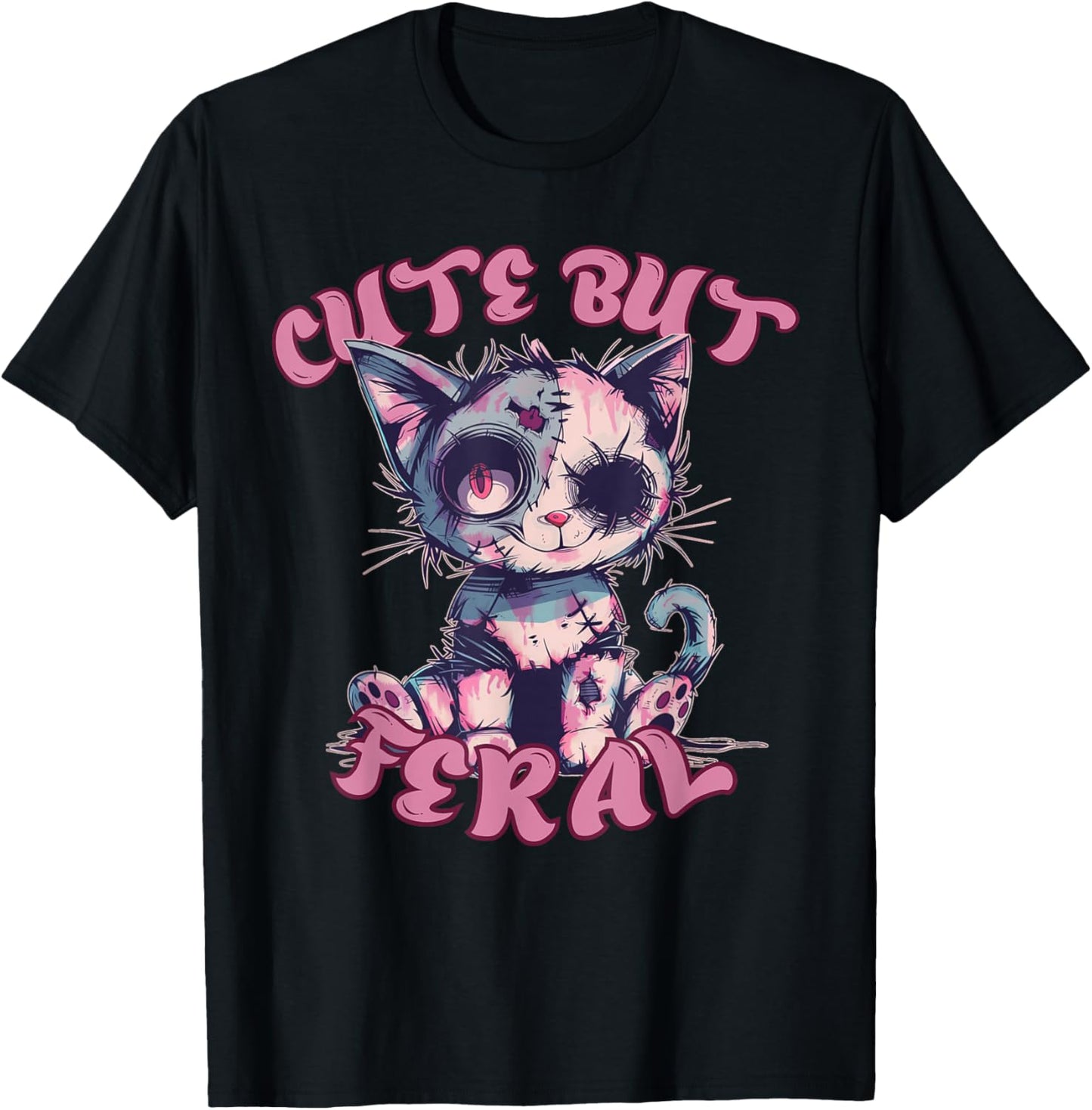 Cute But Feral Zombie Voodoo Cat Halloween Spooky Women Kids T-Shirt - T-Shirt | Black