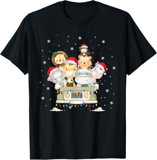 Jungle Safari Animals Merry Christmas Santa Hat Xmas Lights T-Shirt - T-Shirt | Black