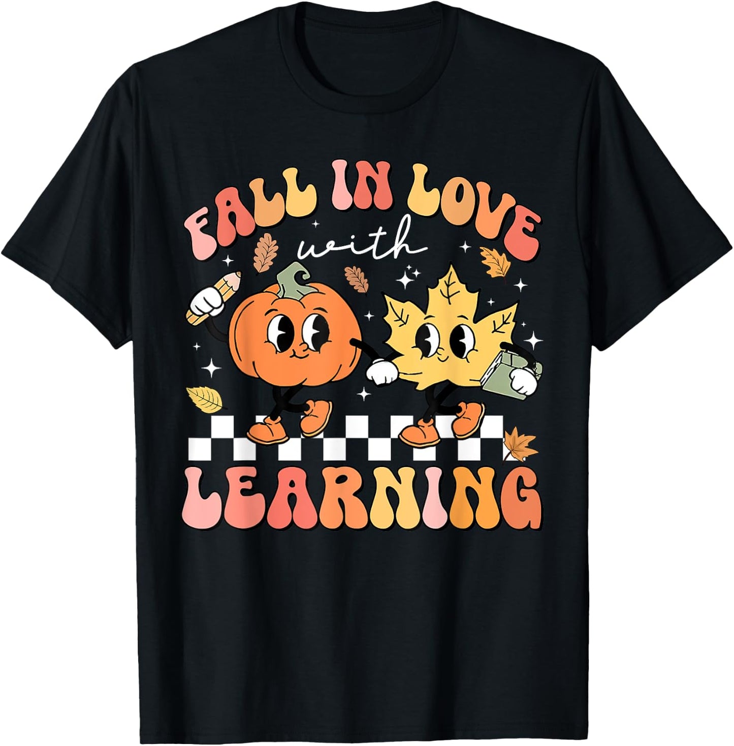 Retro Fall In Love With Learning Autumn Pumpkin Teacher T-Shirt - T-Shirt | Black