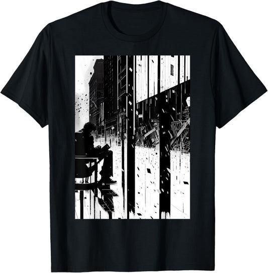 Black and White Abstract Art of Man on a bench in the City. T-Shirt - T-Shirt | Black