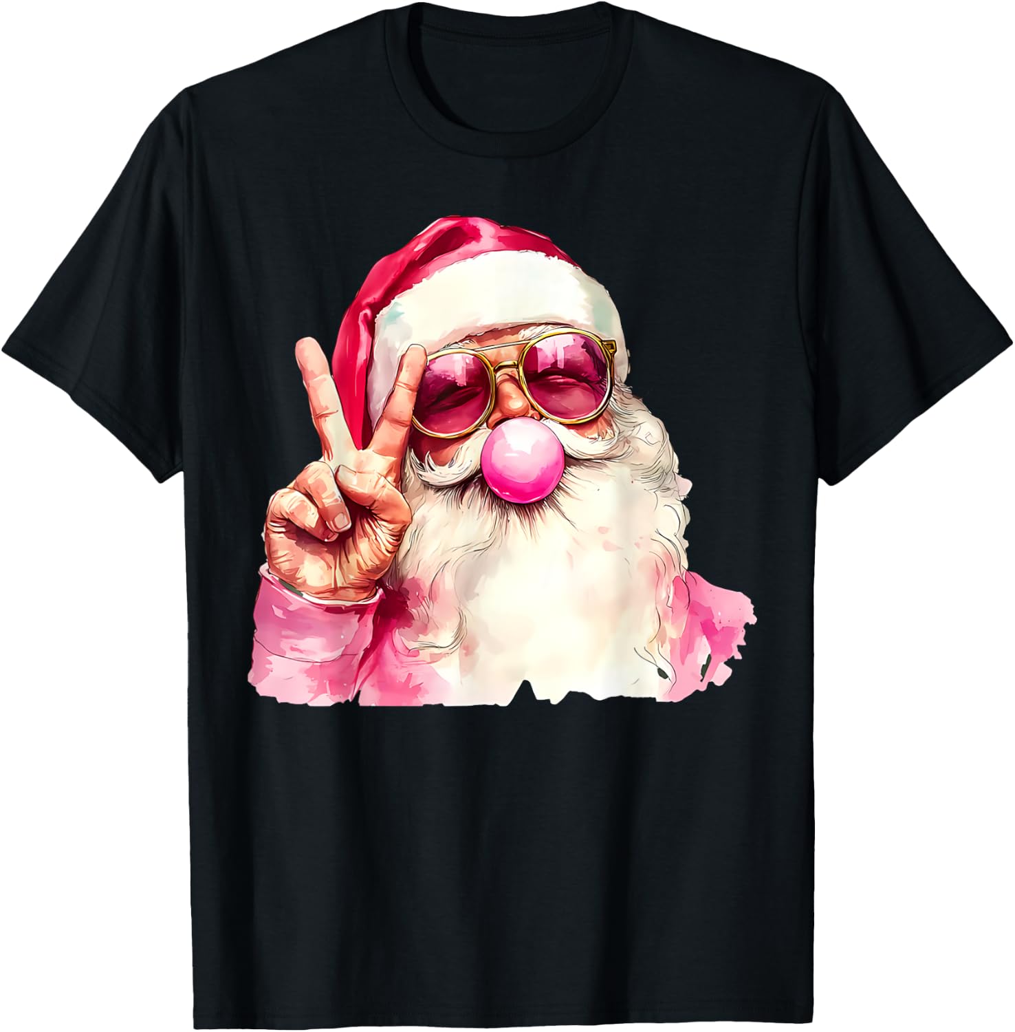 Santa Claus Blowing Bubble Gum Pink Sunglasses Christmas T-Shirt - T-Shirt | Black