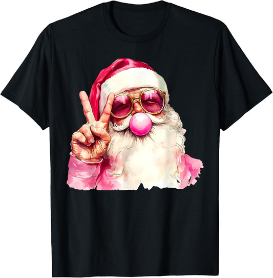 Santa Claus Blowing Bubble Gum Pink Sunglasses Christmas T-Shirt - T-Shirt | Black