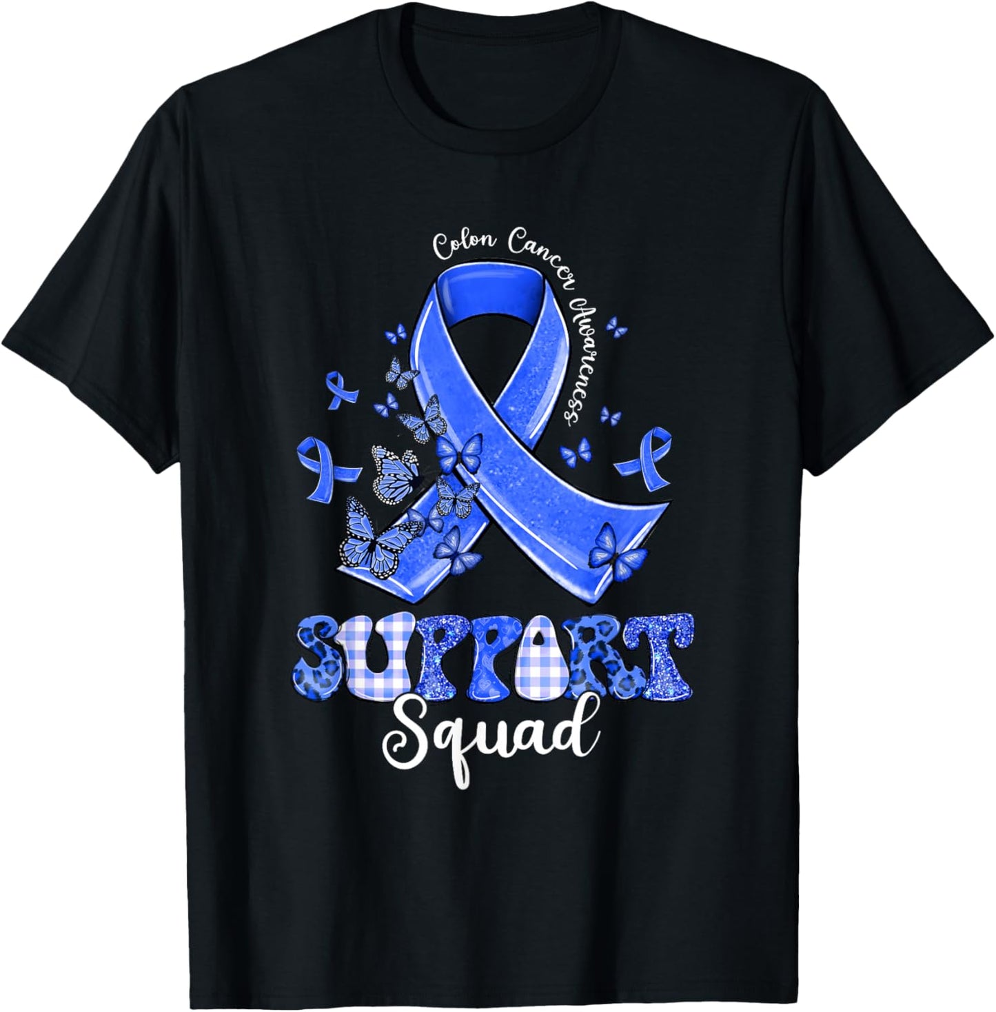 Support Squad Dark Blue Ribbon Butterfly Colon Cancer T-Shirt - T-Shirt | Black