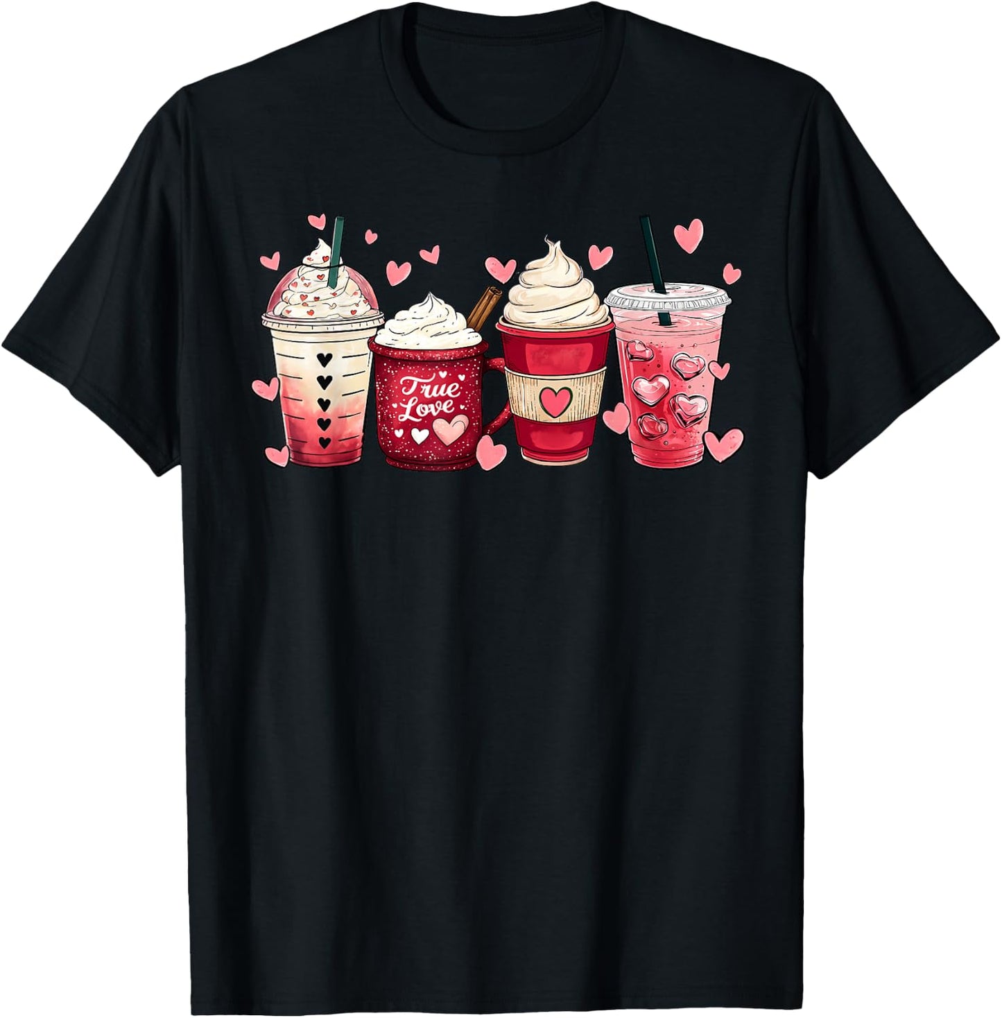 Coffee Lover Cups Latte Iced Cream Valentines Day Women Girl T-Shirt - T-Shirt | Black