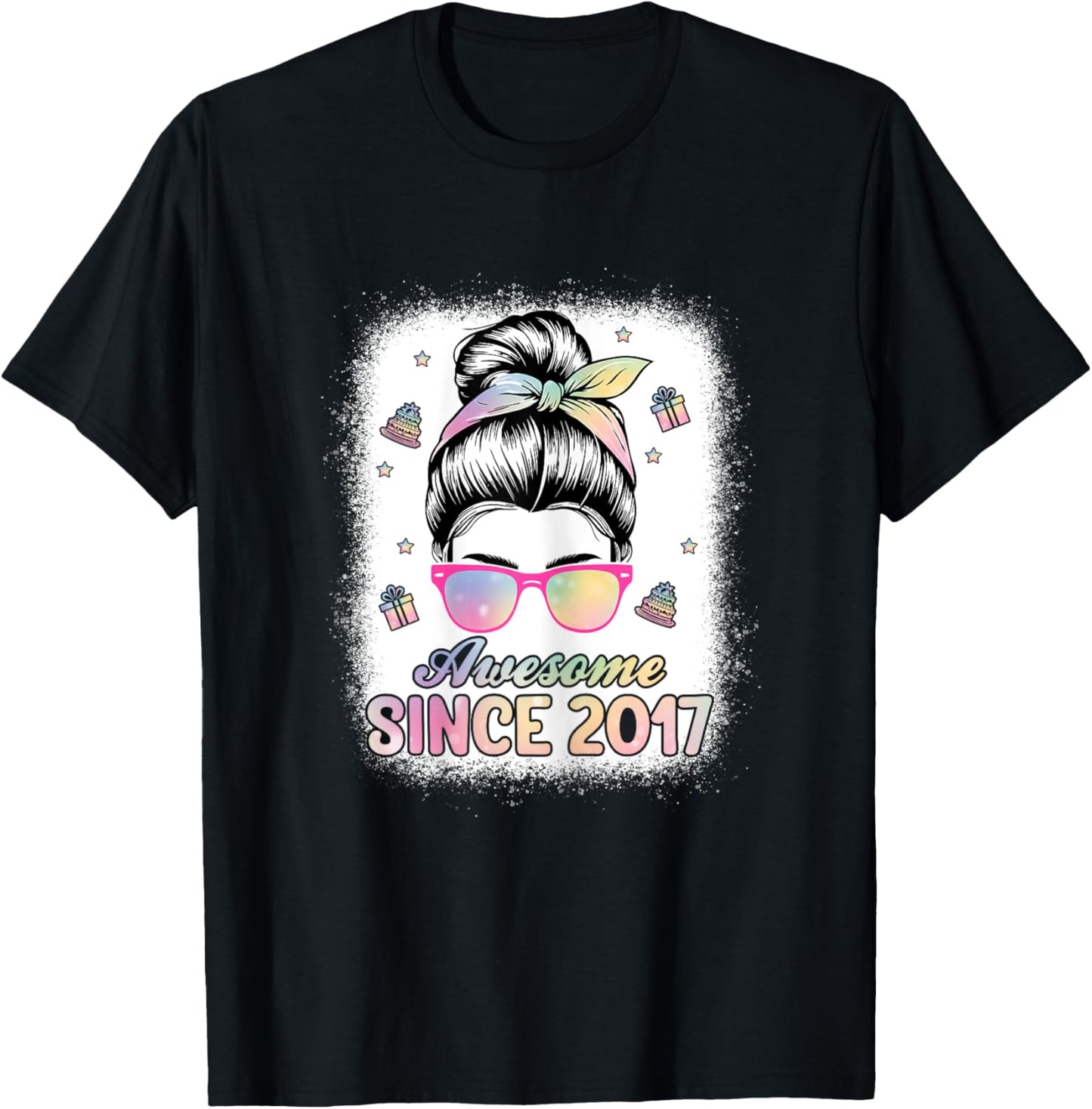 Awesome Since 2017 Messy Bun Hair 8th Birthday Party Girls T-Shirt - T-Shirt | Black