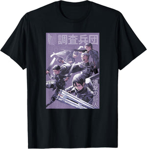 Attack on Titan Group Shot Scout Regiment Anime Epic Poster T-Shirt - T-Shirt | Black